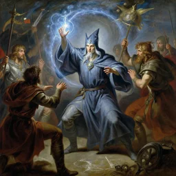 attractive master wizard casting powerful spell in battle against another master wizard. highly detailed painting by gaston bussiere, craig mullins, j. c. leyendecker 8 k