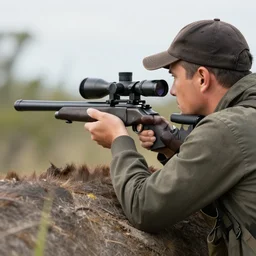 A sniper looking through a scope to look for big game to hunt, hyper realistic, 4k, HDR, super detailed