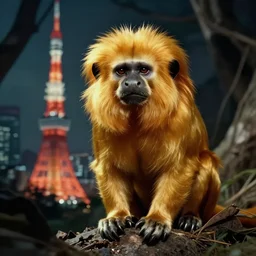 golden lion tamarin destroying tokyo in the style of the movie godzilla, cinematic lighting, cinematic framing and shadows 1 9 7 0 s aesthetic