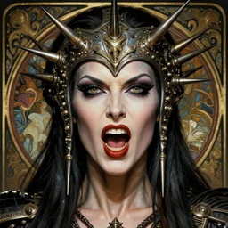 striking sensual industrial art nouveau style portrait of psylocke as an extreme metal soldier by glenn fabry, simon bisley and alphonse mucha, photorealism, extremely hyperdetailed, perfect symmetrical facial features, perfect anatomy, ornate declotage, spikes, latex, excited expression, wild eyes