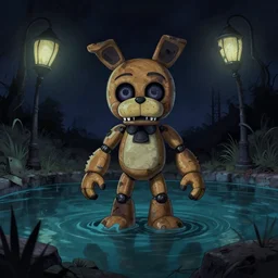 creepy ruined abandoned fnaf character, fnaf animatronic rising from the lagoon at night, creepypasta, lamps in the night sky, greg rutkowski, creepy dark beksinski painting, vhs footage