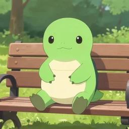 a! leavanny! holding a sewaddle sitting on a bench