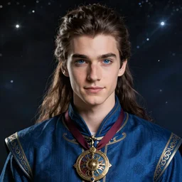 beautiful portrait of a handsome young male wizard wearing a fancy blue tunic, l medallion!! around neck, art by wlop and artgerm, steampunk fiction, detailed deep blue eyes, ( long dark brown hair in ponytail!!!! ), space background, artstation, sharp focus, illustration, caustics, octane render, 4 k, radiant light