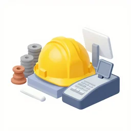construction matirial around a hard hat and cash register, 3 d, 2 d, 2. 5 mm, art, vector art