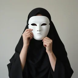 a cloaked woman removes a mask from her face, by mike davis,