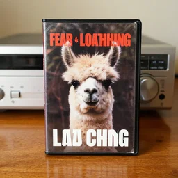fear and loathing vhs box with a llama face on a wooden table in front of a vcr
