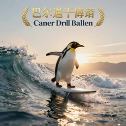 penguin surfing a wave at the sunrise, art station, art deco