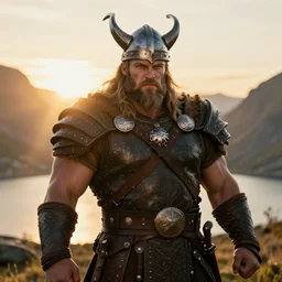 viking gigachad hero in norwegian landscape, wearing viking armor, viking helmet, herculean bulging muscular figure, beautiful gigachad, golden hour. warm lighting, sunrise, beams of sunlight, iso 1 0 0, highly detailed face!!, sharp focus, artstation, sophie anderson, arnold armitage, loish, thomas kinkade