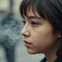 realistic photography profile face of a underdrug woman 3 5 years old with a bit of bear, short hair, few wrinkles around eyes, sexy, cinematographic, street photography in paris, cinematic light, close up view, intense, colorize, smoke and fog around, 8 0 mm lens