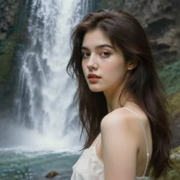 beautiful woman standing under a waterfall, close up, painting by gaston bussiere, craig mullins, j. c. leyendecker, 4 k, 8 k, trending on artstation, artstationhd, artstationhq, highest detail