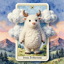 A watercolor art of Mumintroll character in shape of wool felting amazing clouds, illustration by Irena Žviliuvienė, book cover, colorful background with mountains, 8k resolution, ultra detailed, matte painting, tarot card style, character design