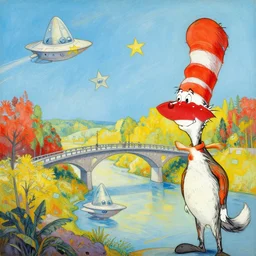 Rakotzbrücke landscape in the style of Dr. Seuss, starships, painting by Raphael Lacoste