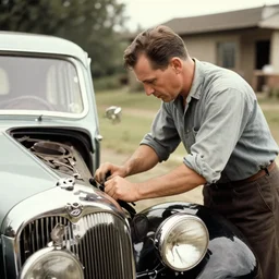 a vintage photo of a man working on a car, 1 9 6 0 s, vintage, old, photo