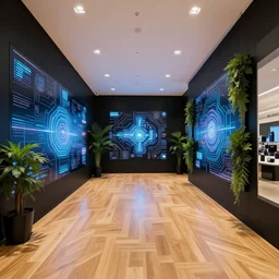 hyperdetailed samsung store interior. scifi tech neon by zaha hadid. oak parquet, black walls, digital walls, plants
