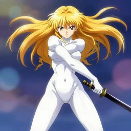 renaissance art anime brave elf girl with white skin, strong pose, katana in hand, golden hair blowing the wind, trending artistic art, dynamic photography, centered, fate zero, extremely high detailed, bokeh color background, studio ghibly makoto shinkai yuji yamaguchi, wlop