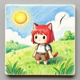an absurdly-detailed colored-pencil drawing as a fancy square tile, a cute adventurer, a short-red-haired cat-girl painted in final fantasy style, wearing a simple outfit. Summer sun in verdant fields. | THE SKY | THE SKY | THE SKY | THE SKY | THE SKY | THE SKY | THE SKY | SPACE WITH A CRACK IN IT | I don't know I'm bored
