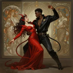 a photograpic portrait of a black man dancing with a female devil wearing red clothes, Dark souls themed, fantasy, intricate, elegant, highly detailed, digital painting, artstation, concept art, smooth, sharp focus, illustration, art by artgerm and H R Giger and alphonse mucha