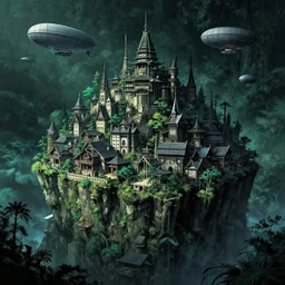 japanese gothic architecture city on a cliff, airships, dense foliage scifi movie poster art by kim jung giu and weta studio, and lucasfilm and jesper ejsing and norman rockwell greg rutkowski frank frazzeta