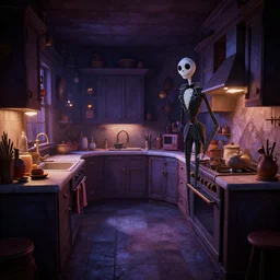curved perspective digital art of a dim lit kitchen from Tim Burtons Nightmare Before Christmas by  Christopher Balaskas