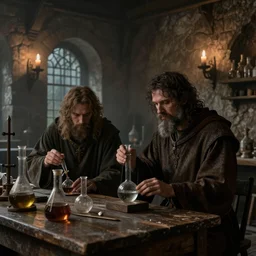 two medieval alchemists working in dusty old laboratory with flasks and glassware, candles on the walls, the feeling of grimdark and secrecy, darkmagic in the air, style of Greg Rutkowski. 8k Hyperrealistic, octane render, unreal engine