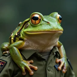 a humanoid frog wearing a military uniform, extremely detailed, detailed face, cinematic lighting, trending on artstation