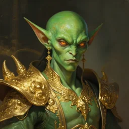 half - length portrait of the goblin emperor. green skin, golds. fantasy, digital painting, hd, detailed.