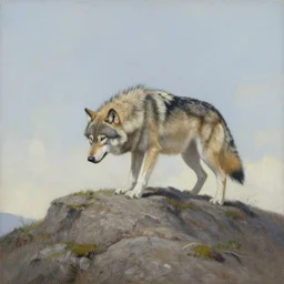 a painting of a wolf hauling on top of a mountain