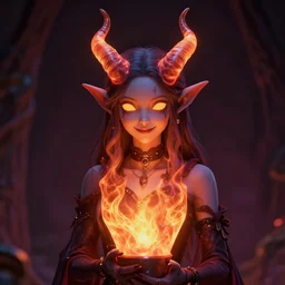 A portrait of a tiefling woman made out out translucent fire that looks kind of like a lava lamp. She has curving horns, blank eyes and a cute smile. Her clothes are totally mall goth. 4k