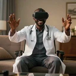 paparazzi photo of an sudanese man dressed as doctor! smiling wearing a vr headset in a sitting room, dynamic shot, high quality, dramatic lighting, high definition, movie scene