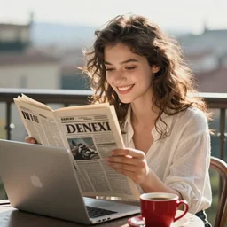 early morning on the balcony. a cheerful young woman with messy hairstyle is reading the news on her laptop. half of her body can be seen. sunlight is beautifully lighting the face. a red coffee mug can be seen on the table next to the laptop. depth of field, in the sun, backlit, closeup, oil on canvas, art by botticelli 1 4 9 9, in the style of the birth of venus, smooth, renaissance, florentine painting, 8 k