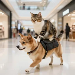 cat riding a dog with a saddle through the mall
