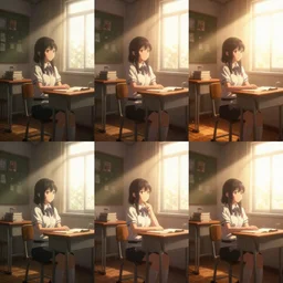 3 panel poster, school girl sits in a cozy school classroom - dramatic cozy 3 d poster by wlop and okuda genso. wide angle lens. featured on pixiv, anime aesthetic. pixiv, warm aesthetic, rays of light, volumetric light, artstation, vanitas, official art, gothic, noise film photo. octane render, redshift render, ue 4