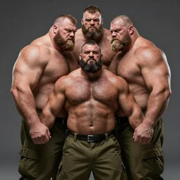 very tall and burly strongmen covered in fur hugging while wearing military trousers, photography, highly detailed, high resolution, epic