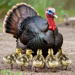 a crossbreed of a turkey and a duck, with chicks, photo