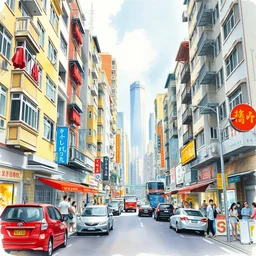 street of hong kong, watercolor