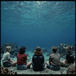 7 0 s film still from a horror movie about people sitting at the bottom of the ocean, kodachrome, cinecolor, cinestill, film grain, film texture, retro, cinematic, high resolution, photorealism,