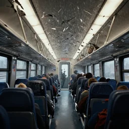 storm of birds inside a train. trenitalia. genova. cinematic. rule if thirds. 4 k. film still.