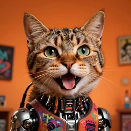 hyperrealistic hyper detailed neo-surreal 35mm portrait of happy cyborg graffiti cat matte painting concept art dali hannah yata very dramatic orange lighting low angle hd 8k sharp shallow depth of field