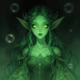 portrait of magical green goblin female , dark fantasy, gradient green black, dreamy and ethereal, (colour) eyes, one head, golden ratio, peaceful expression, ornate frilly dress, fantasy, intricate, elegant, rainbow bubbles, highly detailed, digital painting, artstation, concept art, smooth,b sharp focus, illustration, art by artgerm and greg rutkowski and alphonse mucha