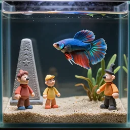 plasticine model in water. siamese fighting fish. clay figure. tropical fish tank with sand. astrix and obelisk. tintin. hands. wallace and gromit. figures clay. aquatic photography.