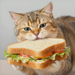 a painting of a cat biting into a big sandwich
