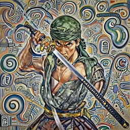 An oil painting of a handsome Asian man in a green turban biting the handle of a Japanese samurai sword and looking wickedly at the viewer