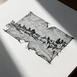 a damaged mesh made out of tiny threads with rips and tears, black drawing on white paper