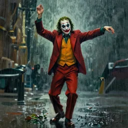 painting of  Joaquin Phoenix  as the joker, dancing in the rain, by Jeremy Mann, detailed, stylized, loose brush strokes, intricate, realistic, exaggerated lighting, sense of scale, free, melancholy