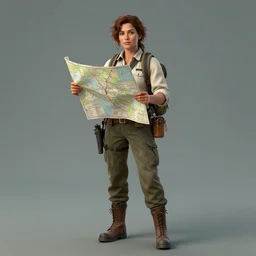 A portrait of a female explorer holding a map, full body shot, trending on artstation