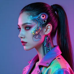head and shoulders profile portrait of woman in neon leather jacket, pale skin, piercing eyes, cyberpunk, vibrant color, high detail, intricate, impossible beauty, eye implant bionic, ponytail, masterpiece by craig mullins, ruan jia, peter mohrbacher, krenz cushart, norman rockwell, alphonse mucha