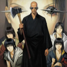 tall bald man, standing, wielding a large axe, spike through two eyes, large spike through eyes, black robe, painting by yoji shinkawa, alphonse murac, craig mullins, sui ishida, yoshikata amano, collaborative painting, very detailed and high quality, 4 k, 8 k, artstation