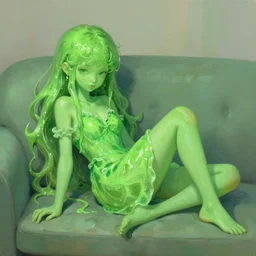an opaque green slime - monster - girl in a dress relaxing on a couch. feature on artstation. painting. digital art. portrait painting. slice of life.