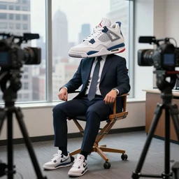 supreme brand fanatic and sneaker - head 4 0 - year old creative executive sits in director's chair in midtown office, wearing a crisply tailored suit, with custom jordans, beautiful midtown view behind him, speaking to a camera on a tripod, digital art, trending on artstation