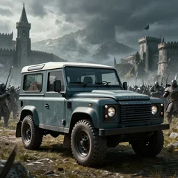 Land Rover Defender 110 (1985), an epic fantasy, dramatic lighting, cinematic, establishing shot, extremely high detail, photorealistic, cinematic lighting, artstation, by simon stalenhag, The Elder Scrolls V: Skyrim, Whiterun Hold, Battle for Whiterun, Stormcloaks vs Imperials, Skyrim Civil War
